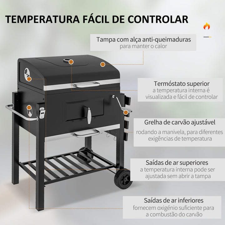 Barbecue a Carvão com Rodas Barbecue com Tampa Grelhas de Aço Inoxidável Termômetro Fogão Ajustável Bandeja Lateral e Prateleira 113x65x108 cm Preto