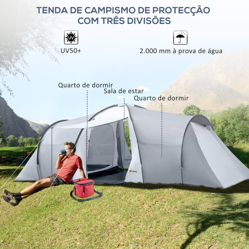 Tenda de Campismo Familiar para 4-6 Pessoas Tenda de Campismo Dobrável com 2 Janelas e Bolsa de Transporte Impermeável Anti-UV para Caminhadas 590x245x193 cm Cinza