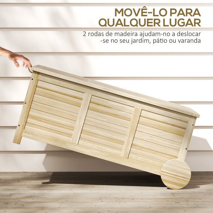 Baú de Arrumação Exterior 185L Baú de Jardim de Madeira Impermeável com Tampa Amovível 2 Rodas Cordas de Linho Dobradiças Metálicas e Forro Interno 110x50x50 cm Madeira