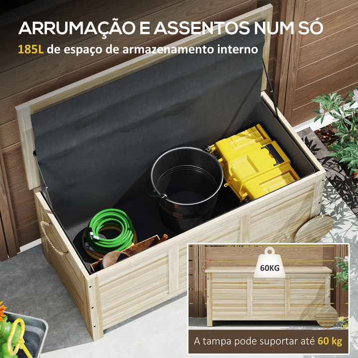 Baú de Arrumação Exterior 185L Baú de Jardim de Madeira Impermeável com Tampa Amovível 2 Rodas Cordas de Linho Dobradiças Metálicas e Forro Interno 110x50x50 cm Madeira