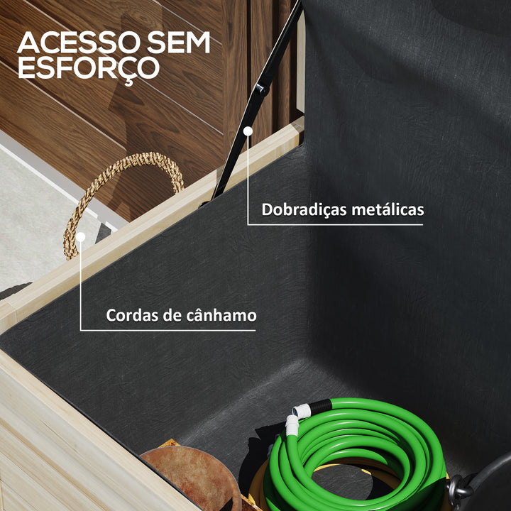 Baú de Arrumação Exterior 185L Baú de Jardim de Madeira Impermeável com Tampa Amovível 2 Rodas Cordas de Linho Dobradiças Metálicas e Forro Interno 110x50x50 cm Madeira