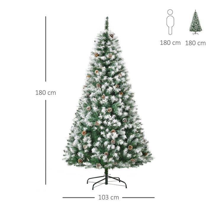 Árvore de Natal Artificial 180cm com 800 Ramos e 61 Pinhas Folhas de PVC com Efeito de Neve Base Dobrável e Suporte Metálico para Interiores Verde