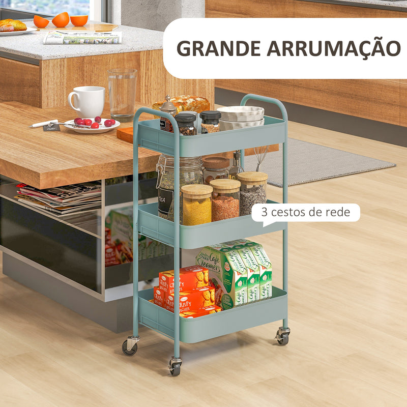 Carrinho Auxiliar de 3 Níveis com Rodas Carrinho de Armazenamento Deslizante com 3 Prateleiras 4 Rodas e 2 Travões para Cozinha Sala 45x30.6x79 cm Azul Claro