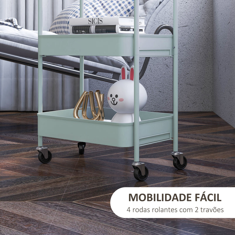 Carrinho Auxiliar de 3 Níveis com Rodas Carrinho de Armazenamento Deslizante com 3 Prateleiras 4 Rodas e 2 Travões para Cozinha Sala 45x30.6x79 cm Azul Claro