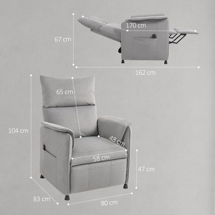 Poltrona Relax Reclinável Elétrica Poltrona Reclinável Silenciosa com Função Memória Apoio para Pés Controlo Remoto e Bolsos Laterais para Dormitório Sala de Estar 80x83x104 cm Cinzento