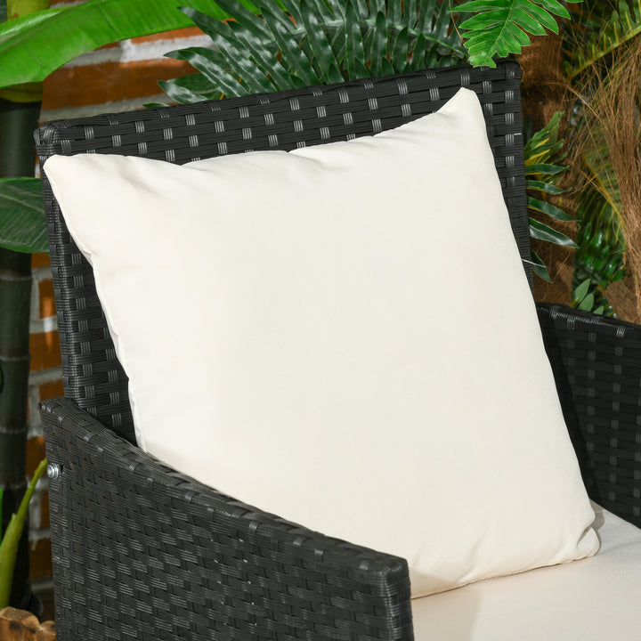 Conjunto de Jardim de Vime Sintético Conjunto de 4 Peças Móveis de Jardim com 2 Poltronas 1 Sofá de 2 Lugares 1 Mesa de Centro com Tampo de Vidro e Almofadas Preto e Branco
