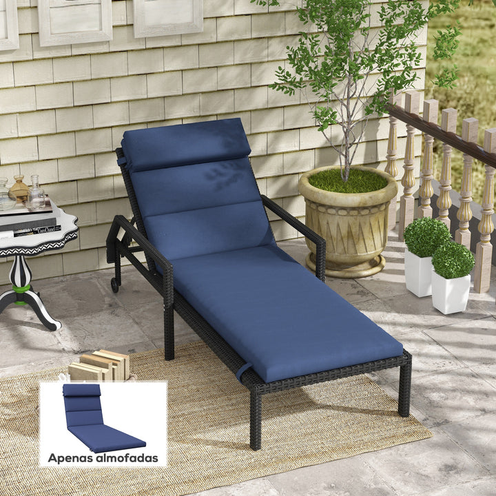 Almofada para Espreguiçadeira 196x63x6 cm Almofada para Espreguiçadeira de Algodão com Tecido Repelente à Água Almofada de Assento e Encosto para Jardim Varanda Azul