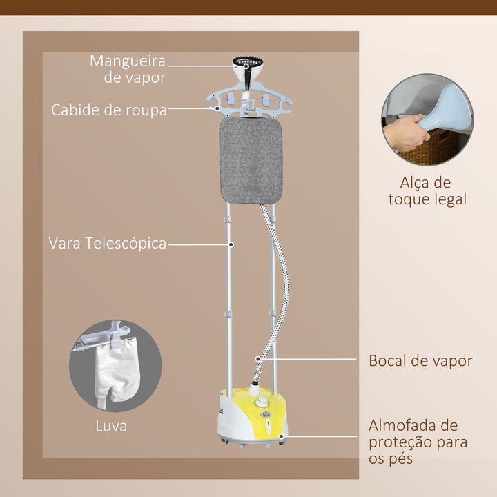 Ferro de Engomar a Vapor para Roupa 1800W Temperatura Ajustável em 11 Níveis Ferro de Engomar Vertical com Barra Dupla Depósito de 2 L Aquecimento em 38s 35x25x47-118,5 cm Amarelo