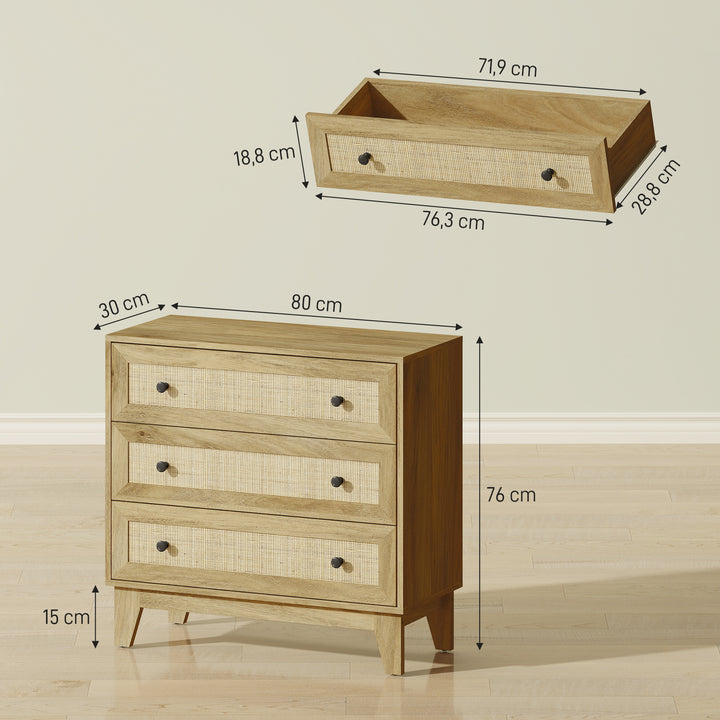 Cómoda com 3 Gavetas Cómoda de Madeira com Gavetas de Vime e Pés Elevados para Sala de Estar Dormitório Escritório 80x35x76 cm Madeira