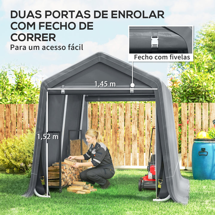 Tenda de Jardim Exterior para Ferramentas e Bicicletas, 2,4x2x2 m, Abrigo Exterior com Estrutura Metálica, 2 Portas Enroláveis com Fecho, Impermeável, Anti-UV, Garagem Portátil, Cinzento