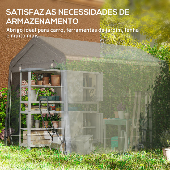 Tenda de Jardim Exterior para Ferramentas e Bicicletas, 2,4x2x2 m, Abrigo Exterior com Estrutura Metálica, 2 Portas Enroláveis com Fecho, Impermeável, Anti-UV, Garagem Portátil, Cinzento