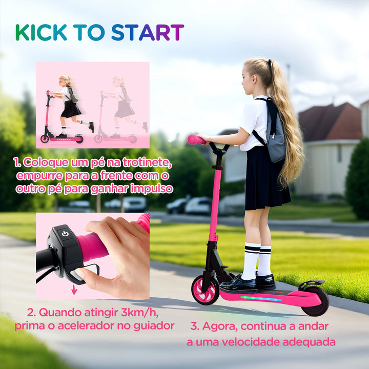 Trotinete Elétrica Dobrável para Crianças acima de 6 Anos Motor 120 W Autonomia 6 km e Máximo 10 km/h com Travão Altura Ajustável Luzes LED e Estrutura de Alumínio 74x52x83-87 cm Rosa