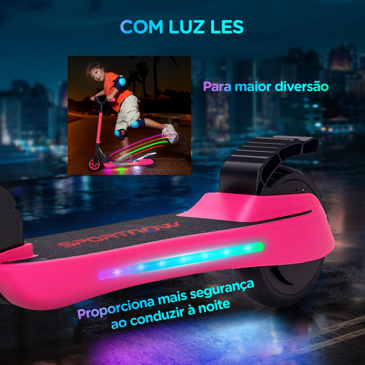 Trotinete Elétrica Dobrável para Crianças acima de 6 Anos Motor 120 W Autonomia 6 km e Máximo 10 km/h com Travão Altura Ajustável Luzes LED e Estrutura de Alumínio 74x52x83-87 cm Rosa