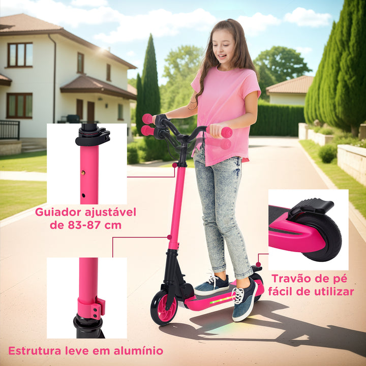 Trotinete Elétrica Dobrável para Crianças acima de 6 Anos Motor 120 W Autonomia 6 km e Máximo 10 km/h com Travão Altura Ajustável Luzes LED e Estrutura de Alumínio 74x52x83-87 cm Rosa