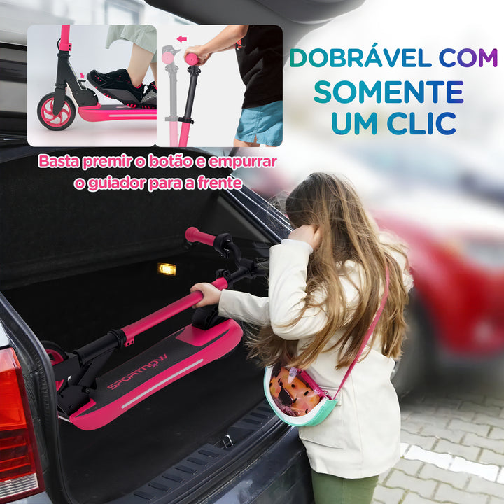 Trotinete Elétrica Dobrável para Crianças acima de 6 Anos Motor 120 W Autonomia 6 km e Máximo 10 km/h com Travão Altura Ajustável Luzes LED e Estrutura de Alumínio 74x52x83-87 cm Rosa