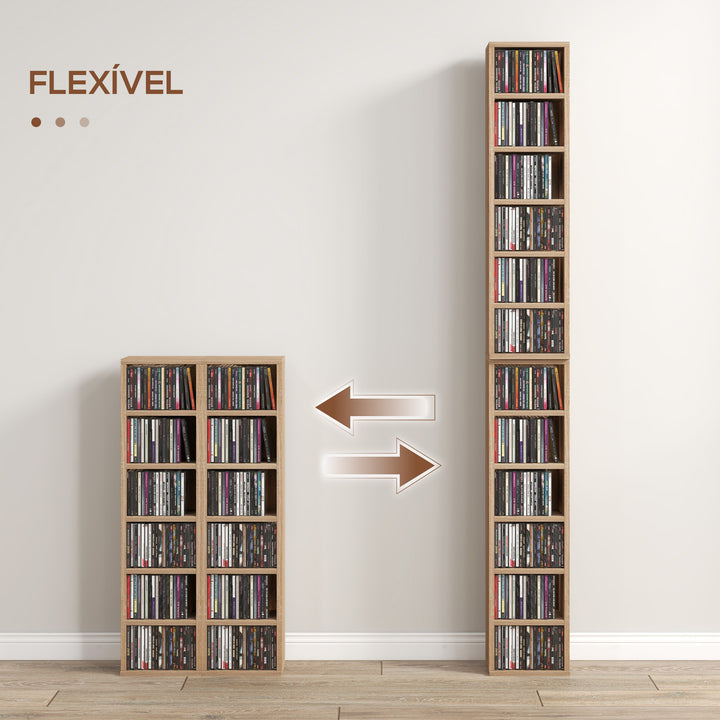 Estante para CD ou DVD Suporte para CD com 12 Compartimentos para 204 CDs e Prateleira Ajustável para Sala de Estar Dormitório Escritório 2 Unidades 21x22,5x88,5 cm Madeira