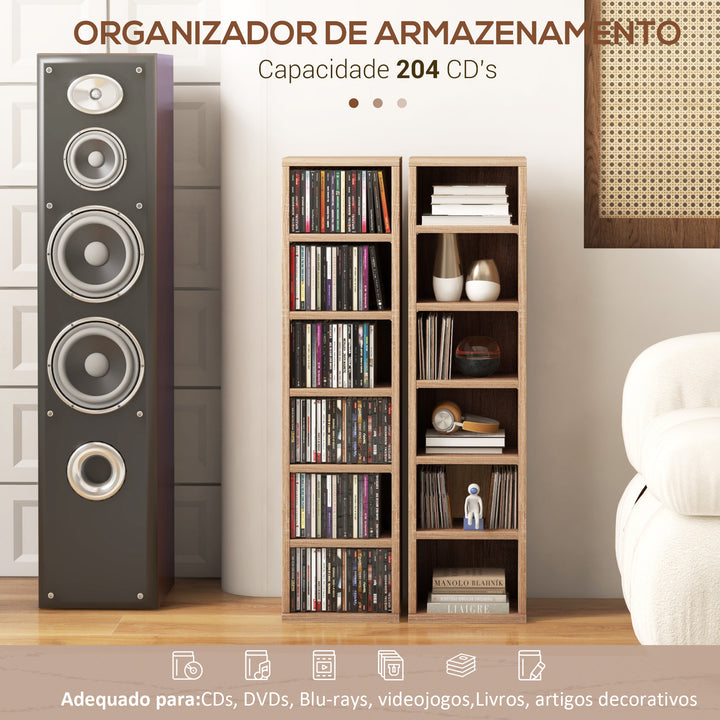 Estante para CD ou DVD Suporte para CD com 12 Compartimentos para 204 CDs e Prateleira Ajustável para Sala de Estar Dormitório Escritório 2 Unidades 21x22,5x88,5 cm Madeira