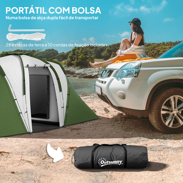 Tenda de Campismo Familiar para 4-6 Pessoas com 2 Dormitórios Tenda de Campismo Grande Impermeável 3000 mm com Bolsa de Transporte 555x225x190 cm Cinza e Verde