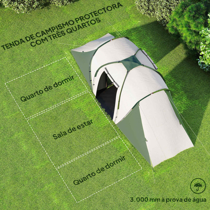 Tenda de Campismo Familiar para 4-6 Pessoas com 2 Dormitórios Tenda de Campismo Grande Impermeável 3000 mm com Bolsa de Transporte 555x225x190 cm Cinza e Verde