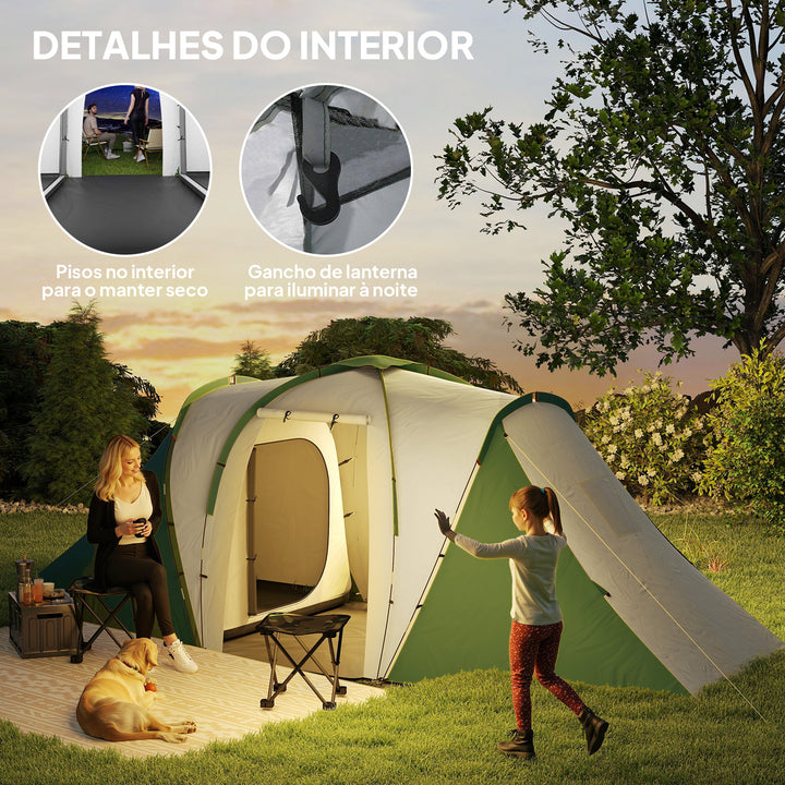 Tenda de Campismo Familiar para 4-6 Pessoas com 2 Dormitórios Tenda de Campismo Grande Impermeável 3000 mm com Bolsa de Transporte 555x225x190 cm Cinza e Verde