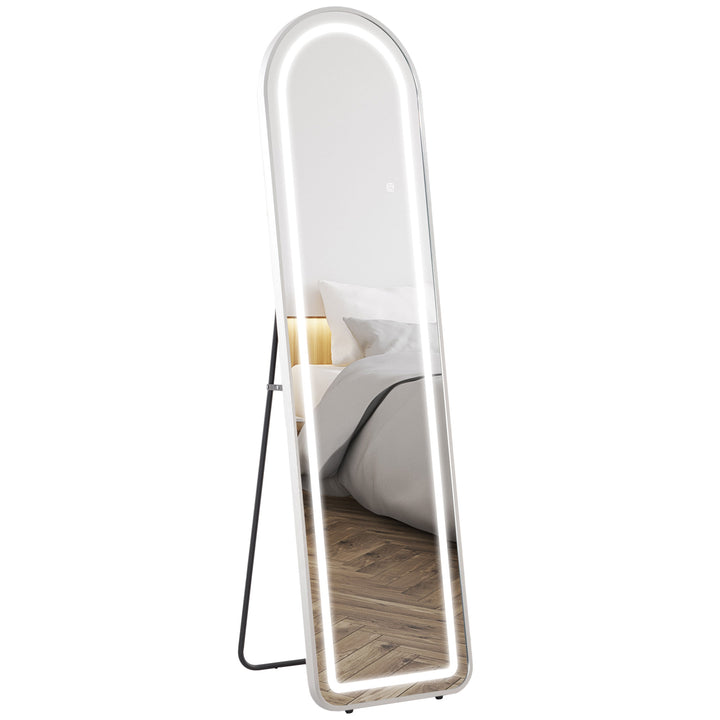 Espelho de Pé com Luzes LED 40x150 cm Espelho de Corpo Inteiro com Estrutura em Liga de Alumínio Iluminação em 3 Cores Função de Memória e Controlo Tátil Inteligente Prata