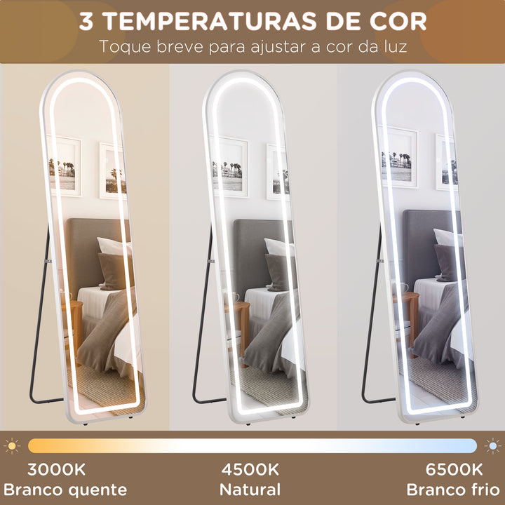 Espelho de Pé com Luzes LED 40x150 cm Espelho de Corpo Inteiro com Estrutura em Liga de Alumínio Iluminação em 3 Cores Função de Memória e Controlo Tátil Inteligente Prata