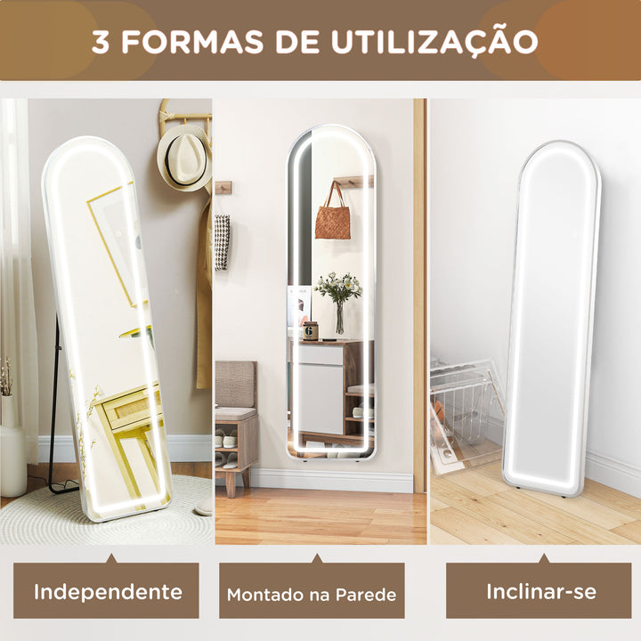 Espelho de Pé com Luzes LED 40x150 cm Espelho de Corpo Inteiro com Estrutura em Liga de Alumínio Iluminação em 3 Cores Função de Memória e Controlo Tátil Inteligente Prata