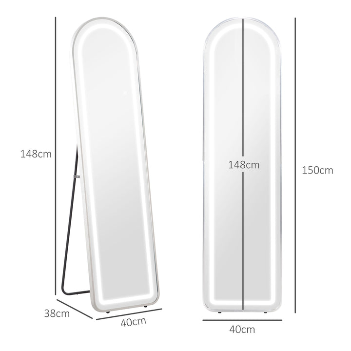 Espelho de Pé com Luzes LED 40x150 cm Espelho de Corpo Inteiro com Estrutura em Liga de Alumínio Iluminação em 3 Cores Função de Memória e Controlo Tátil Inteligente Prata