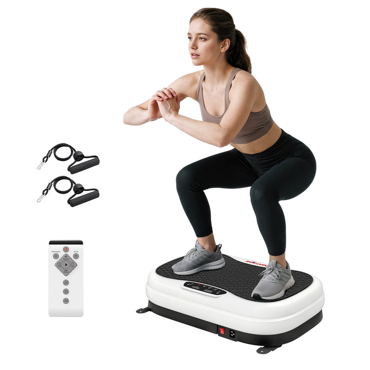 Plataforma Vibratória 50 Velocidades 3 Programas Plataforma de Vibração Muscular com Ecrã LED com Controlo Remoto Bandas Elásticas para Treino Corporal Completo 52x34x14 cm Preto e Branco