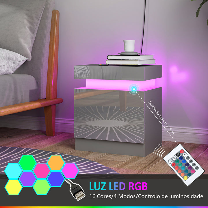 Mesa de Cabeceira com Luz LED Mesa de Cabeceira com Painel de Alto Brilho 2 Gavetas e Controlo Remoto para Sala de Estar Dormitório 45x35x52 cm Cinzento