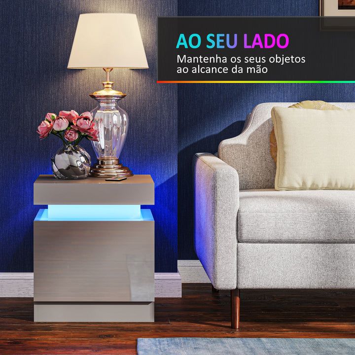 Mesa de Cabeceira com Luz LED Mesa de Cabeceira com Painel de Alto Brilho 2 Gavetas e Controlo Remoto para Sala de Estar Dormitório 45x35x52 cm Cinzento