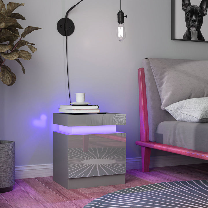 Mesa de Cabeceira com Luz LED Mesa de Cabeceira com Painel de Alto Brilho 2 Gavetas e Controlo Remoto para Sala de Estar Dormitório 45x35x52 cm Cinzento