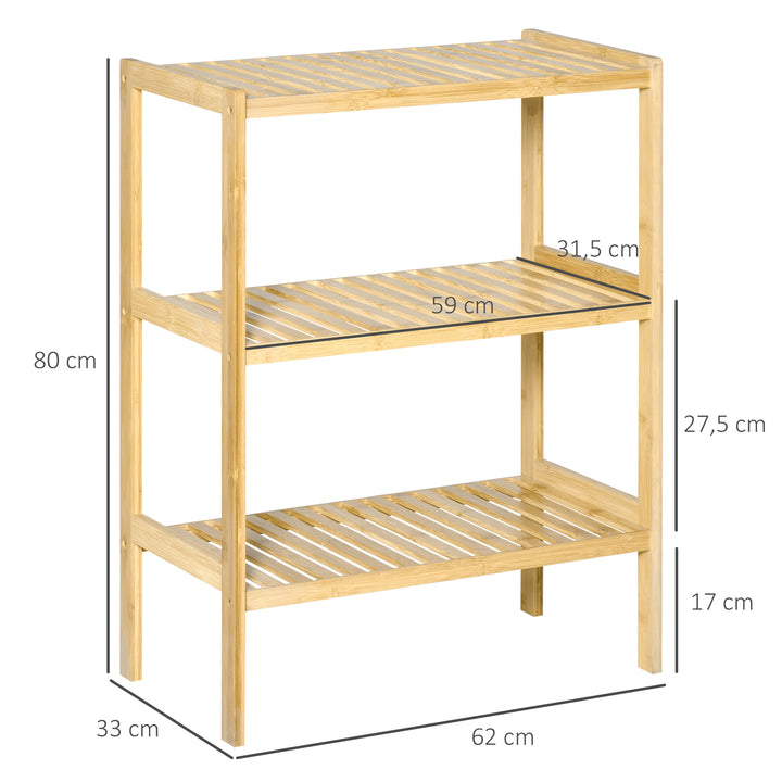 Estante de Bambú de 3 Níveis Móvel Organizador Multifuncional para Casa de Banho Cozinha Sala de Estar 62x33x80cm Natural