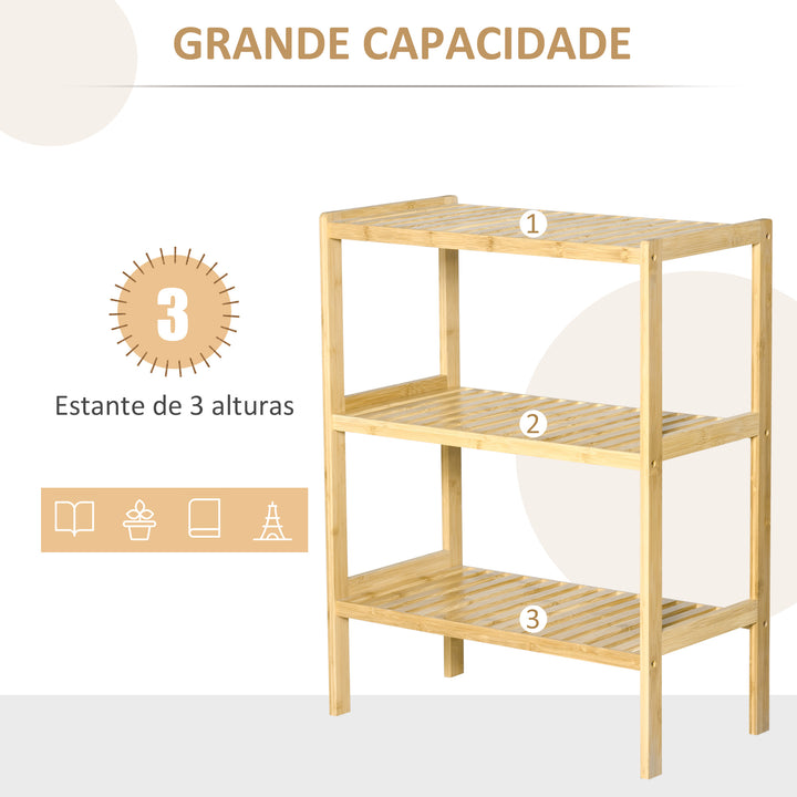 Estante de Bambú de 3 Níveis Móvel Organizador Multifuncional para Casa de Banho Cozinha Sala de Estar 62x33x80cm Natural