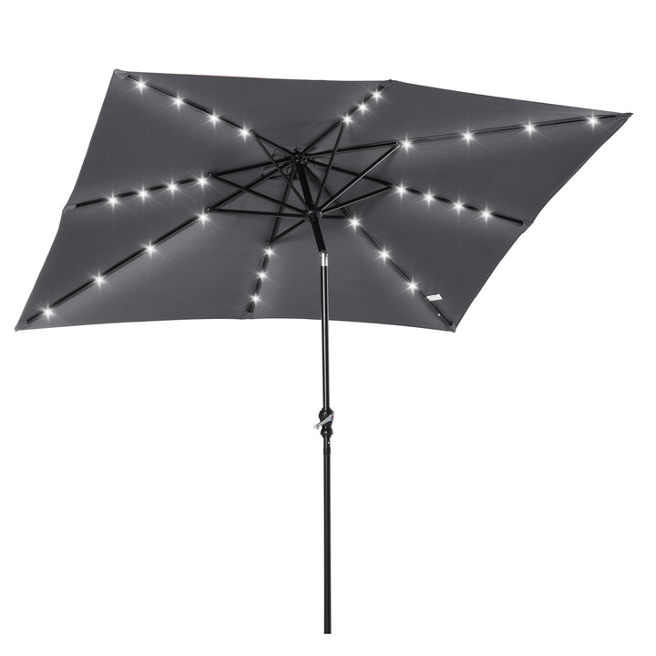 Chapéu de Sol com Luzes LED 268x205x248 cm Chapéu de Sol de Jardim Inclinável até 45° Anti-UV e Abertura a Manivela para Pátio Varanda Cinza Escuro