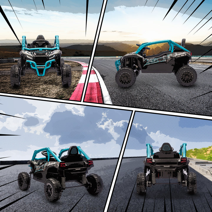 Carro Elétrico para Crianças 12V Kawasaki Teryx KRX 1000 Carro a Bateria UTV com 2 Motores Controlo Remoto 2,4G Suspensão Traseira Faróis USB para Crianças acima de 3 Anos 100x64x56 cm Azul