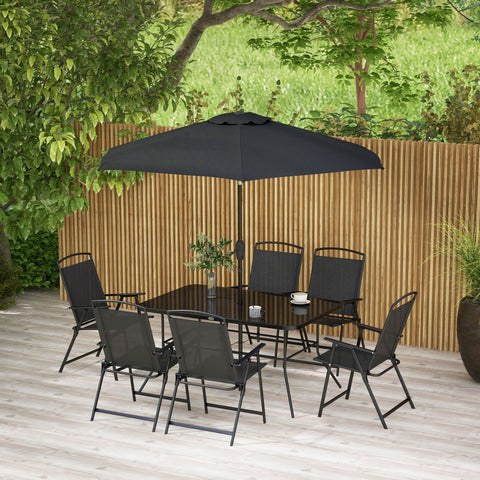 Conjunto de Móveis de Jardim 8 Peças com 6 Cadeiras Dobráveis Mesa com Bancada de Vidro e Chapéu de Sol Inclinável Proteção Solar para Terraço Exterior Preto