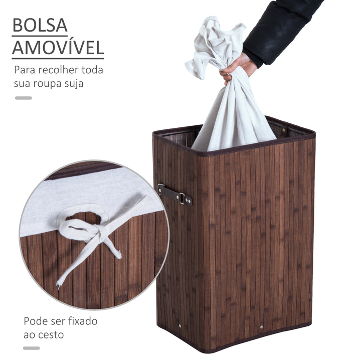 Cesto para Roupa Suja Dobrável com Tampa Cesta de Lavandaría Retangular Bambú 70L com Asas 40x30x60cm Castanho