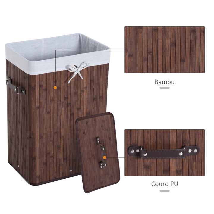 Cesto para Roupa Suja Dobrável com Tampa Cesta de Lavandaría Retangular Bambú 70L com Asas 40x30x60cm Castanho