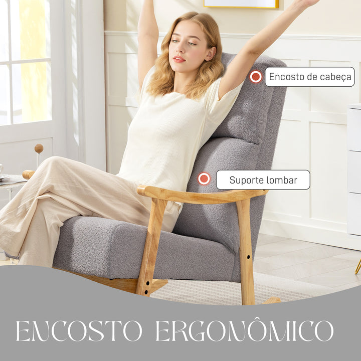 Poltrona Baloiço Moderna Poltrona Baloiço com Pés e Apoio para os Braços de Madeira de Faia Encosto Alto Poltrona de Amamentação Carga 120 kg para Dormitório Sala de Estar 65x90x98 cm Cinza