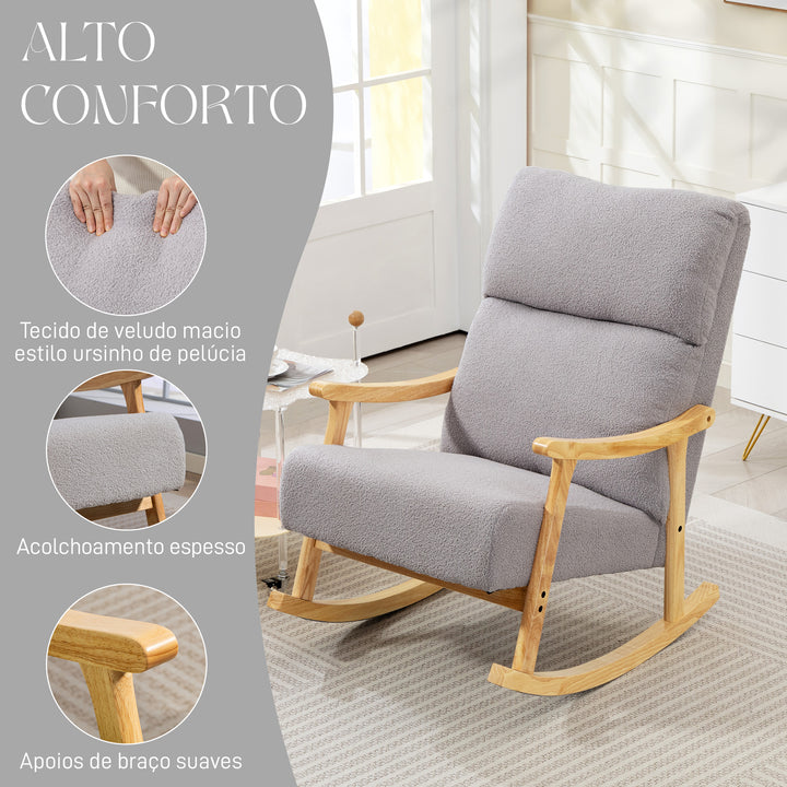Poltrona Baloiço Moderna Poltrona Baloiço com Pés e Apoio para os Braços de Madeira de Faia Encosto Alto Poltrona de Amamentação Carga 120 kg para Dormitório Sala de Estar 65x90x98 cm Cinza