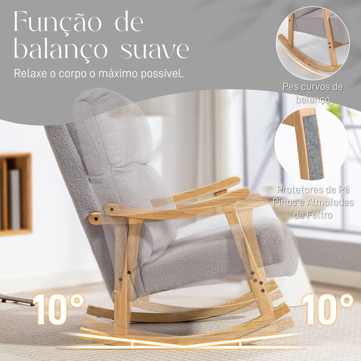 Poltrona Baloiço Moderna Poltrona Baloiço com Pés e Apoio para os Braços de Madeira de Faia Encosto Alto Poltrona de Amamentação Carga 120 kg para Dormitório Sala de Estar 65x90x98 cm Cinza