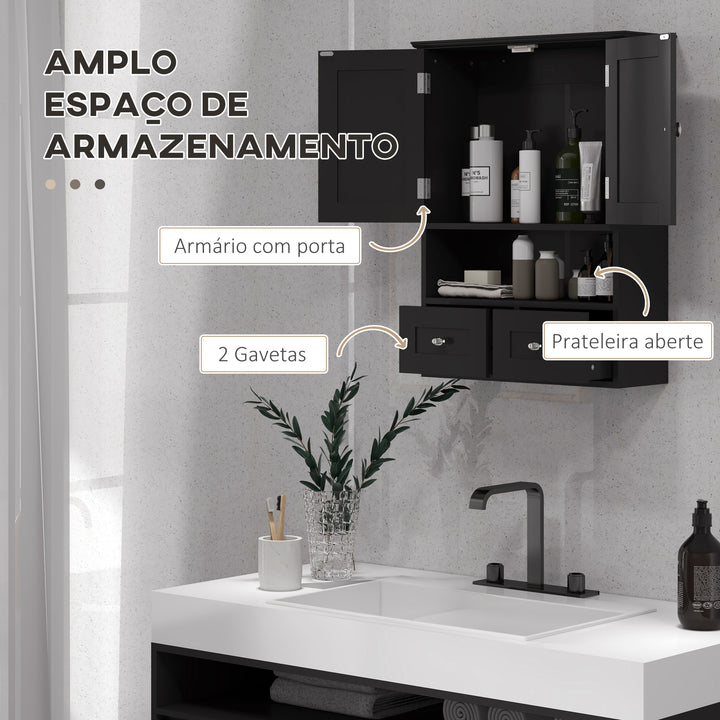 Armário de Parede para Casa de Banho Armário Suspenso de Casa de Banho com 2 Portas Prateleira Aberta e 2 Gavetas Estilo Moderno 50,8x17,8x66 cm Preto