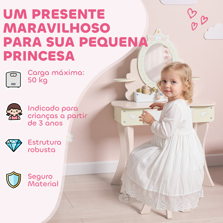 Toucador para Meninas Conjunto de Toucador com Banco 2 em 1 Toucador com Espelho Gaveta 7 Acessórios a Partir dos 3 Anos Rosa