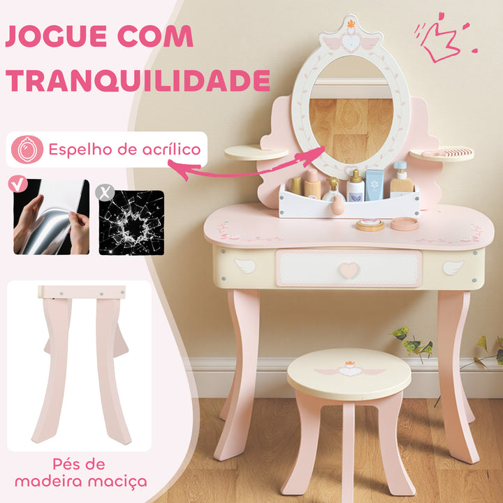 Toucador para Meninas Conjunto de Toucador com Banco 2 em 1 Toucador com Espelho Gaveta 7 Acessórios a Partir dos 3 Anos Rosa