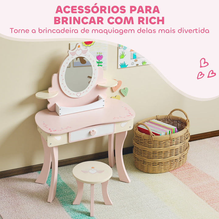 Toucador para Meninas Conjunto de Toucador com Banco 2 em 1 Toucador com Espelho Gaveta 7 Acessórios a Partir dos 3 Anos Rosa
