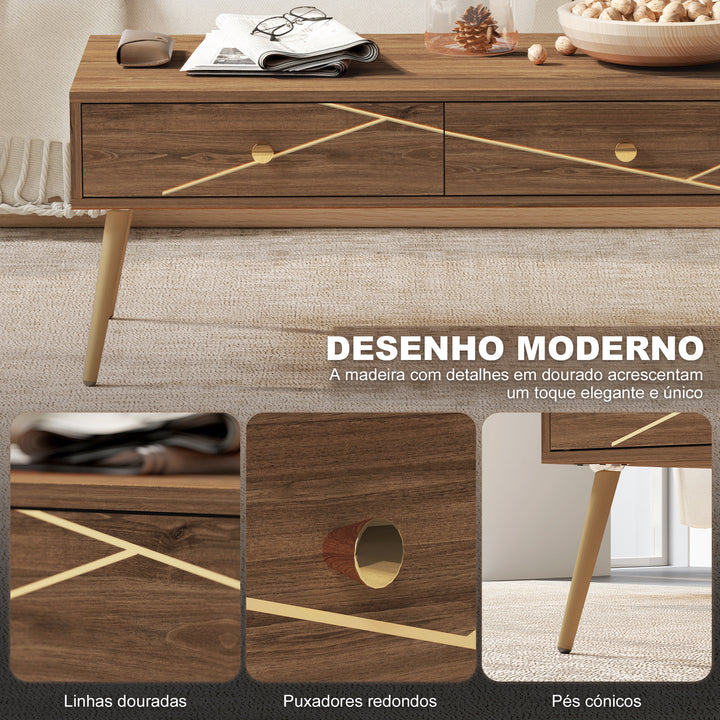 Mesa de Centro Mesa Auxiliar para Sala de Estar com 2 Gavetas e Pés de Aço para Dormitório Sala de Estar 100x50x41 cm Marrom