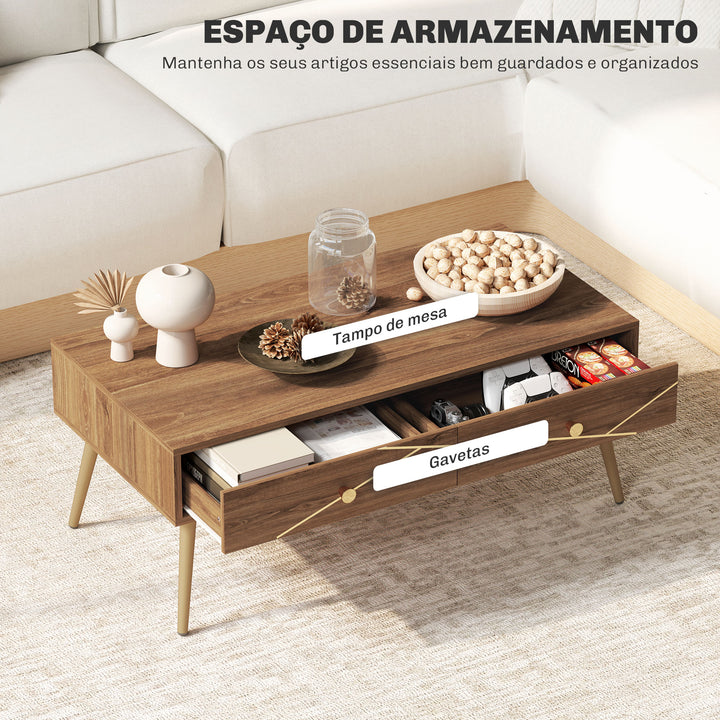 Mesa de Centro Mesa Auxiliar para Sala de Estar com 2 Gavetas e Pés de Aço para Dormitório Sala de Estar 100x50x41 cm Marrom