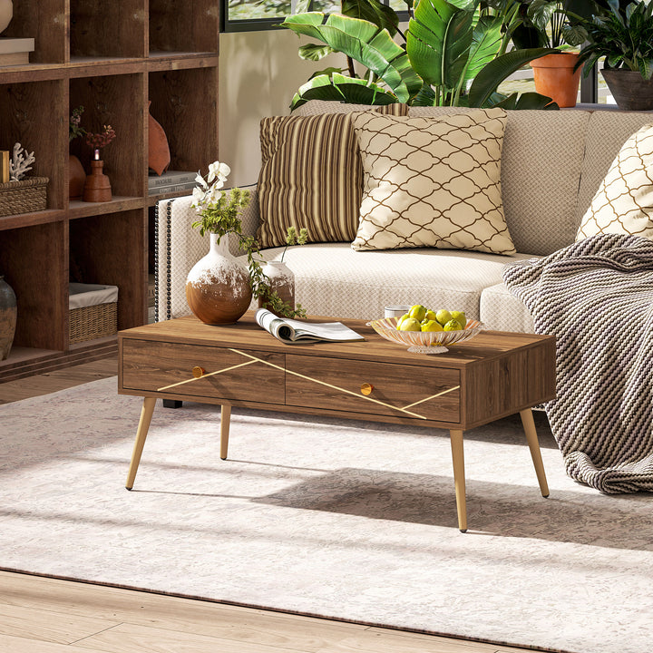 Mesa de Centro Mesa Auxiliar para Sala de Estar com 2 Gavetas e Pés de Aço para Dormitório Sala de Estar 100x50x41 cm Marrom