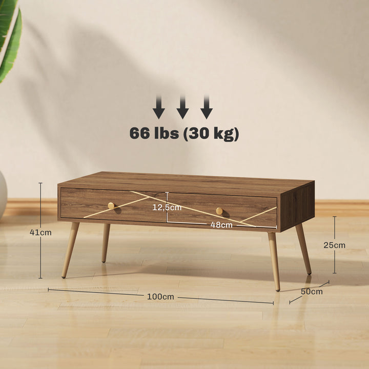 Mesa de Centro Mesa Auxiliar para Sala de Estar com 2 Gavetas e Pés de Aço para Dormitório Sala de Estar 100x50x41 cm Marrom